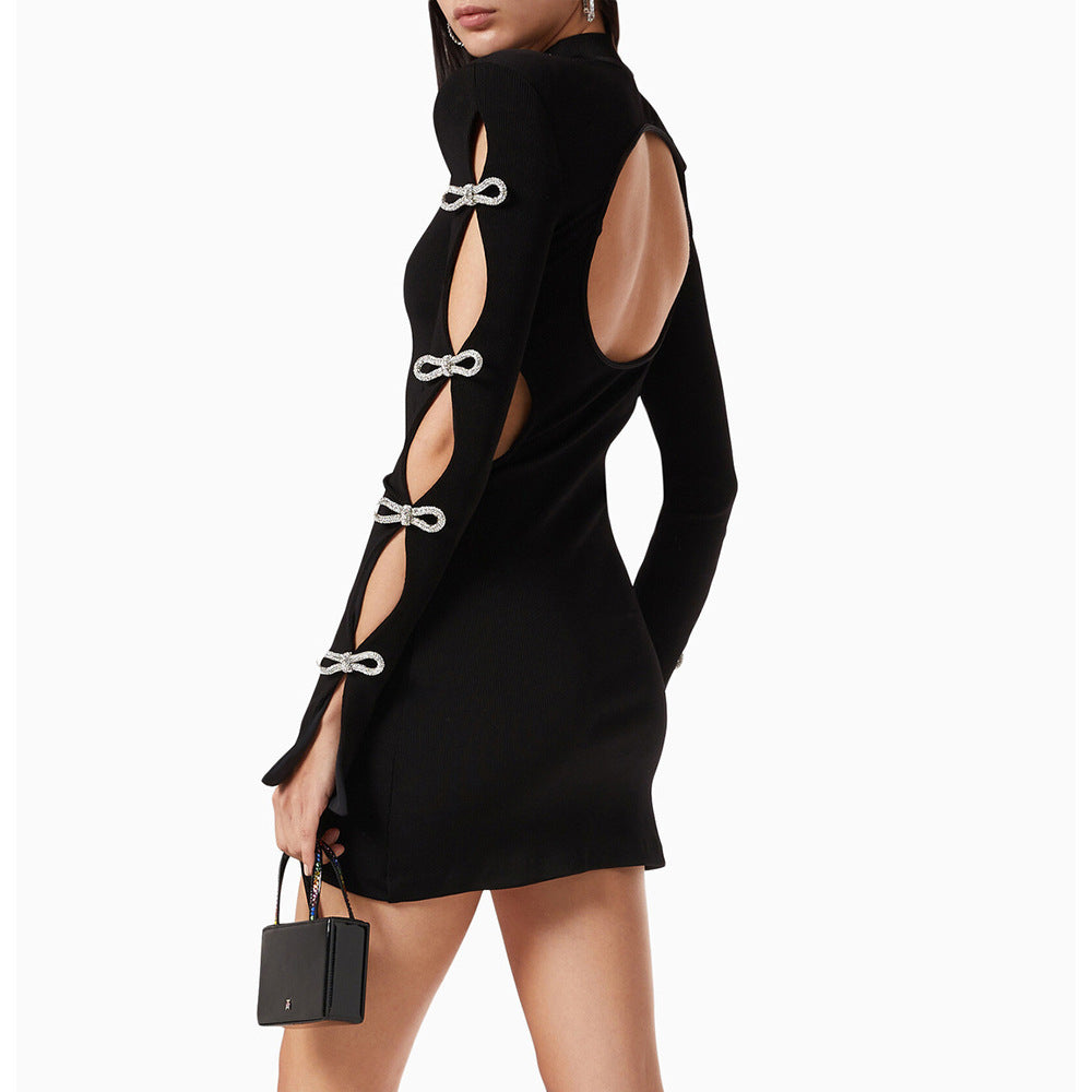 Women's Fashion Hollowed-out Long Sleeve Bowknot Slim Dress